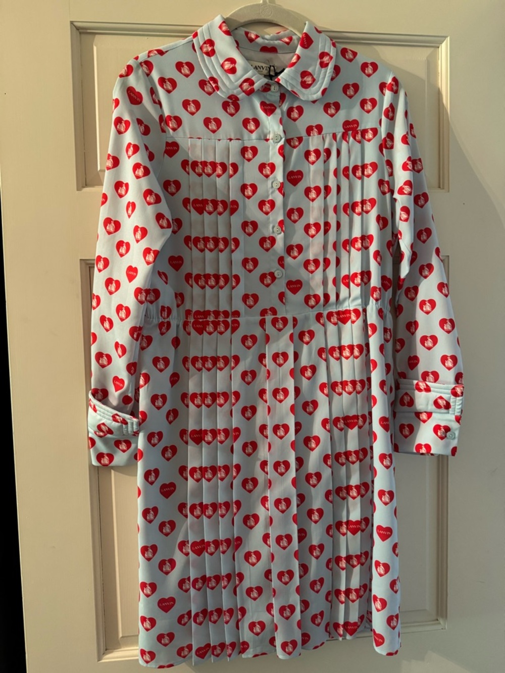 Lanvin Kids Heart-Print CollaredShirt Dress - Red Hearts on Baby Blue